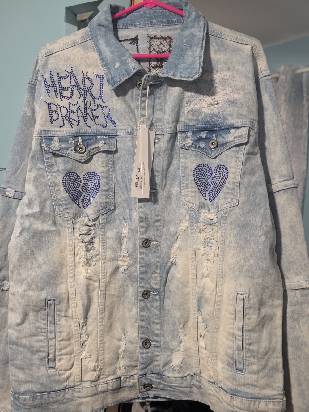 Distressed Acid Wash Rhinestone Denim Jacket 2XL New With Tags